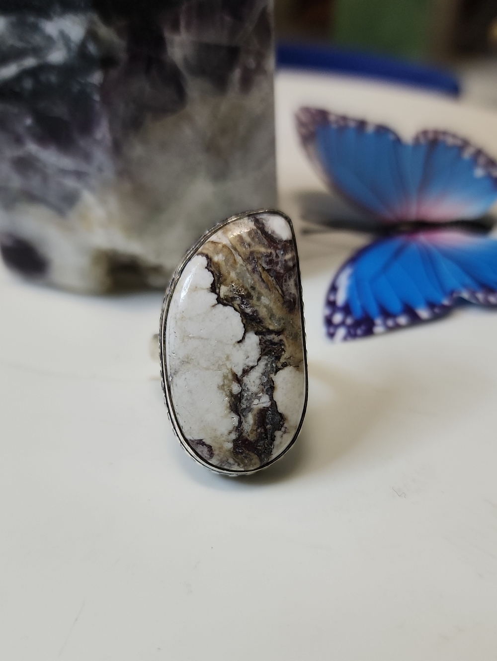 White and Brown Marbled Stone Statement Ring